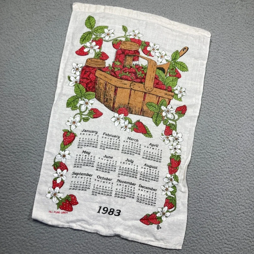 Vintage 1983 Calendar Tea Towel Unisex OS Cream Strawberry Linen Kitchen Decor